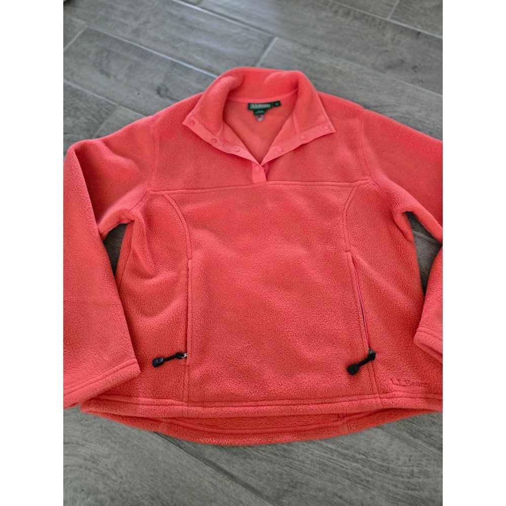 LL Bean Womens Fleece Pullover Snap Front Jacket Coral Pink Medium Regular